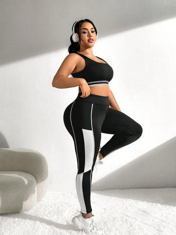 Plus Size Street Sports Suit With Padding Bra & Color Block Spliced Long Pants