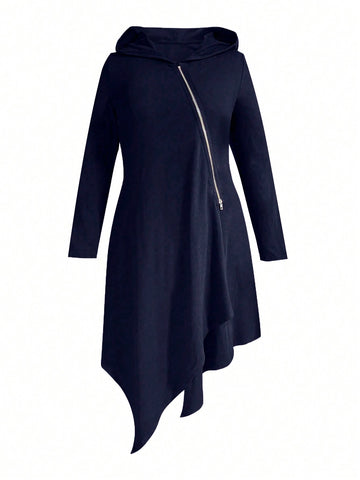 Plus Size Hooded Asymmetrical Hem Dress With Chain Detail