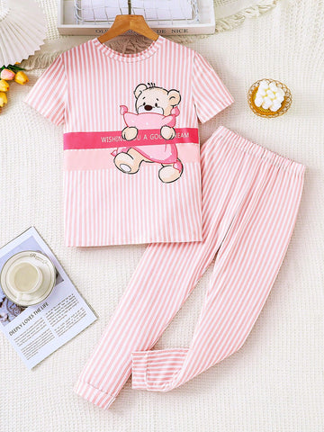 Tween Girls' New Cute Striped Teddy Bear & Letter Print Top And Long Pants Comfortable Casual Tight-Fitting Home Wear 2pcs/Set