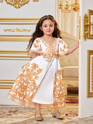 Young Girls' Lovely V-Neck Paisley Pattern Printed Dress With Short Sleeves And Cinched Waist