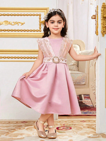 Young Girl Sibling Outfits Jacquard Satin Patchwork Dress With Rhinestone Buckle Belt