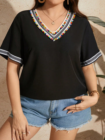 Plus Size Color Block Embellished V-Neck Shirt With Pom-Pom Decor