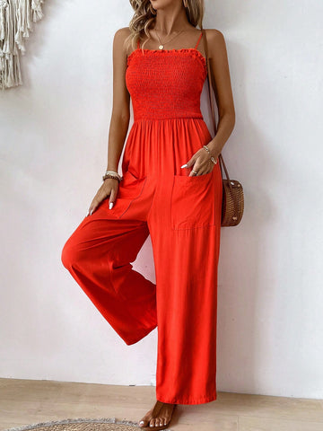 Solid Color Overall Jumpsuit With Double Pockets And V-Neck Straps