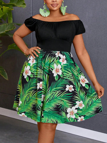 Plus Size Women's Tropical Plant Printed Off-Shoulder Short Sleeve Dress