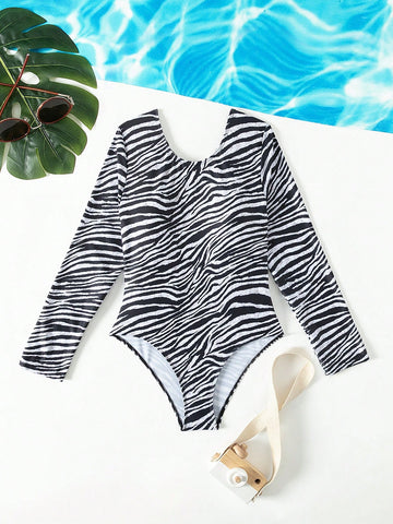 Teen Girl Zebra Pattern Round Neck Long Sleeve One-Piece Swimsuit