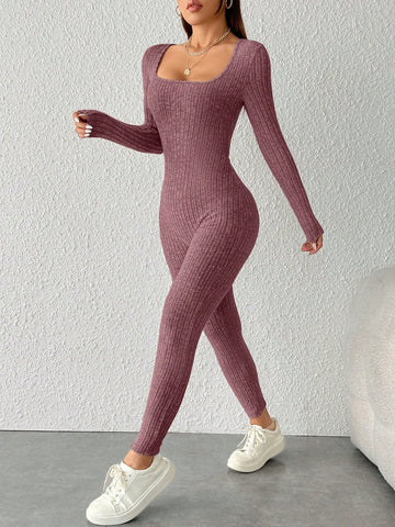 Solid Color Ribbed Knit Long Sleeve Bodysuit