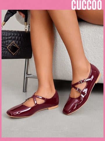 Fashionable Burgundy Mary Jane Style Woman Shoes Flat Shoes For Spring And Summer