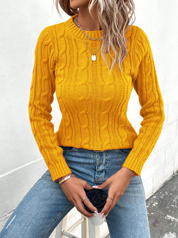 Solid Color Cable Knitted Sweater With Round Neckline And Pullover Design