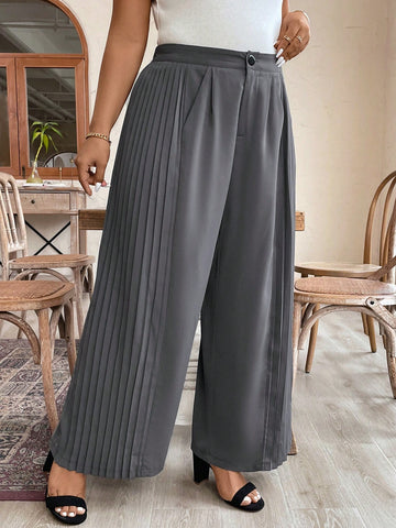 Plus Size Solid Color Pleated Patchwork Wide Leg Suit Pants