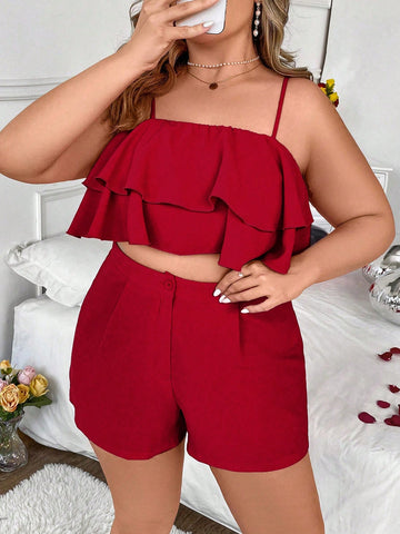 Plus Size Women's Solid Color Ruffled Tank Top And Shorts Set