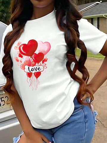 Letter And Heart Printed Short Sleeve Casual T-Shirt