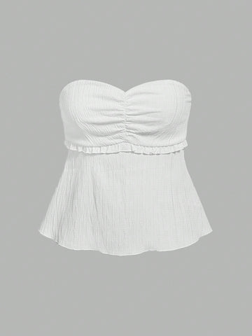 Solid Color Ruched Texture Strapless Top