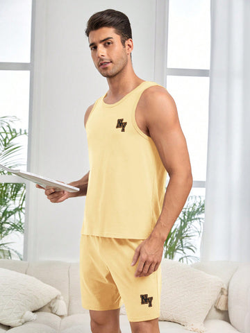 Men's Letter Printed Knitted Tank Top And Shorts Homewear Set