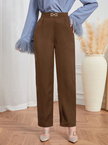 Solid Color Casual Pleated Trousers With Metallic Decoration
