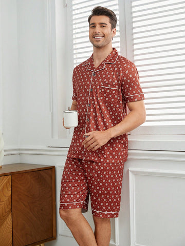Men's Pattern Printed Color-Contrast Hem Comfortable Homewear Set