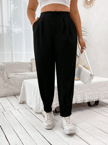 Plus Size Solid Color Suit Trousers With Pockets