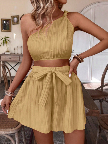 Women's Solid Color One Shoulder Sleeveless Crop Top And Shorts Two Piece Set