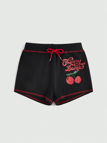 Women's Cherry Print & Letter Graphic Frayed Hem Denim Shorts With Contrast Stitching