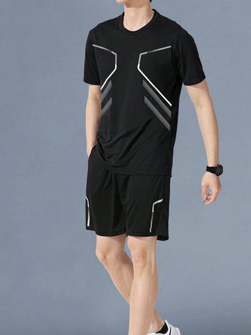 Men's Striped Round Neck Short Sleeve T-Shirt And Shorts Sports Suit