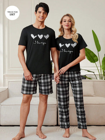 Heart & Letter Printed Pajamas With Plaid Shorts, 2pcs/Set Home Wear