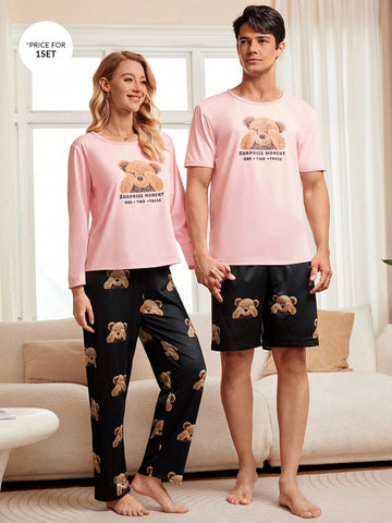 Men's Short Sleeve And Shorts Pajama Set With Bear Slogan Print