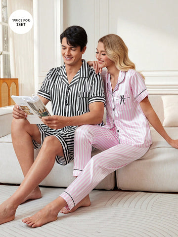 Men's Imitation Silk Striped Print Turn-Down Collar Top And Shorts Pajama Set