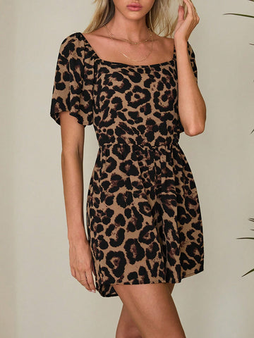 Summer Casual Leopard Print Backless Lace-Up Short-Sleeved Women Jumpsuit , Suitable For Commuting To Work, Shopping, Holidays, And The Beach