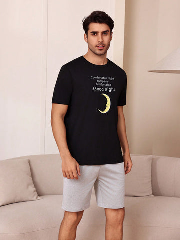 Men's Slogan Printed Round Neck Short Sleeves And Shorts Home Wear Set