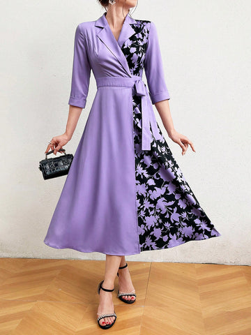 Women's Floral Patchwork Print Stand Collar Abaya Dress