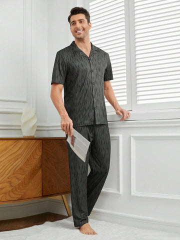 Men's Tie Dye Single Breasted Short Sleeve Shirt And Long Pants Homewear Set