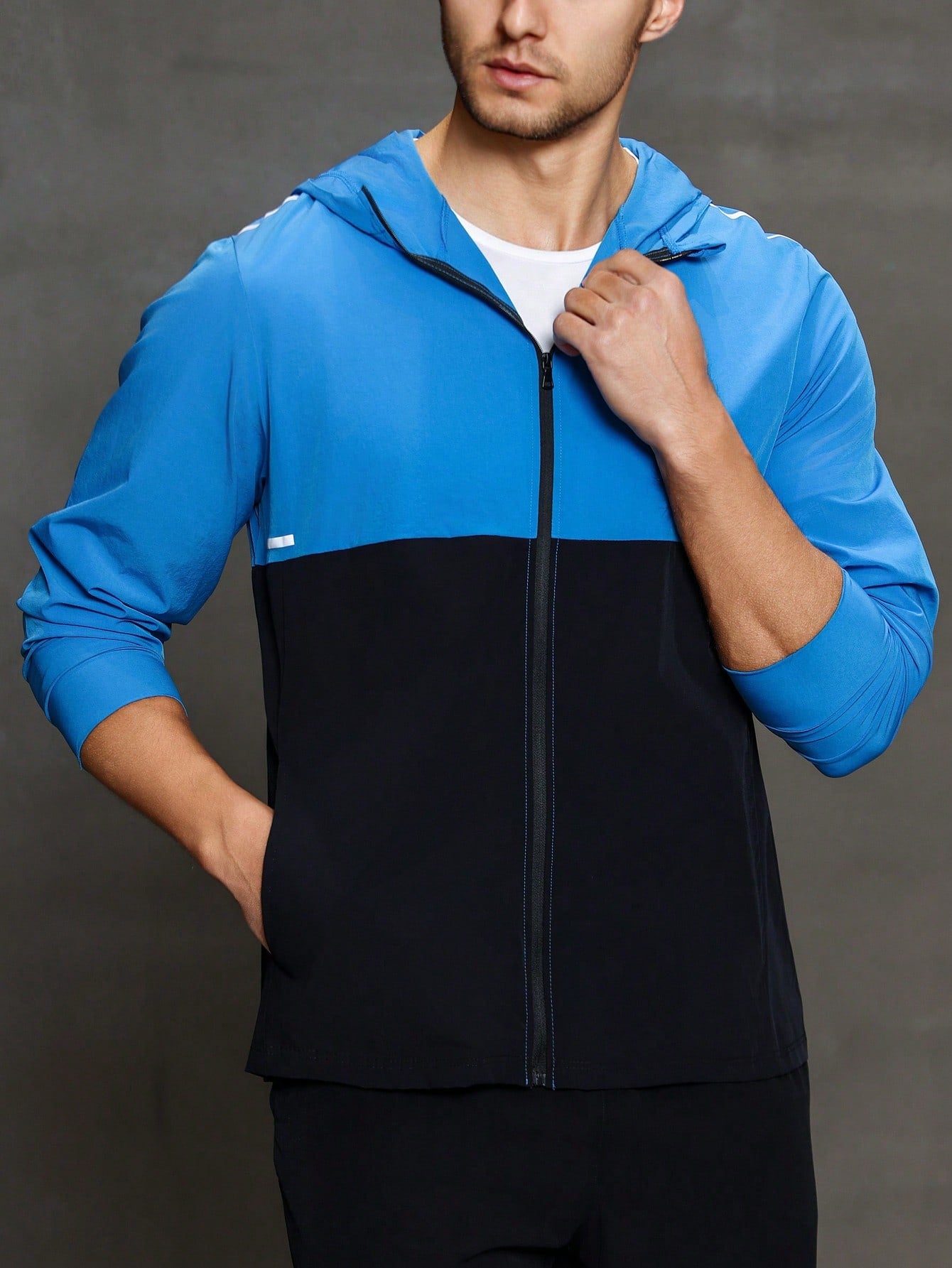 Men's Color Block Zipper Closure Hooded Sport Jacket Workout Tops