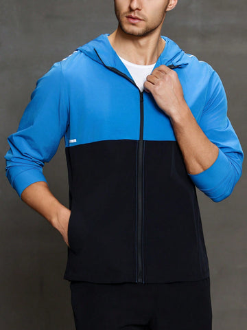 Men's Color Block Zipper Closure Hooded Sport Jacket