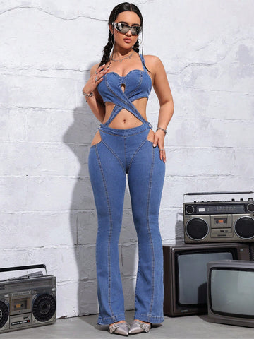 Y2K Spring Break Music Festival Street Style Sexy Bandage Strap Women's Denim Flare Jumpsuit With Bell-Bottoms