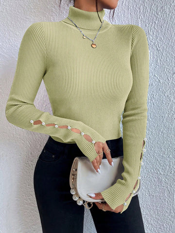 Women's High Neck Long Sleeve Sweater With Hollow Out Cuff Pullover