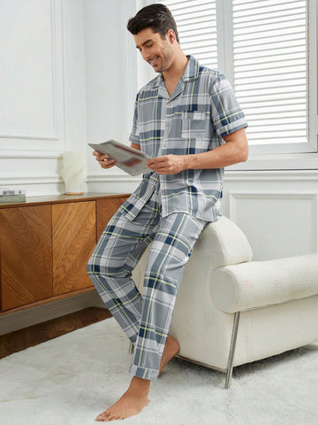 Men's Plaid Short Sleeve And Long Pants Homewear Set