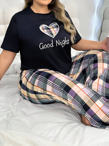 Plus Size Casual Plaid Patchwork Pajama Set