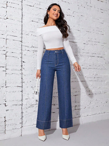 Women'S Contrast Stitching High Waist Jeans