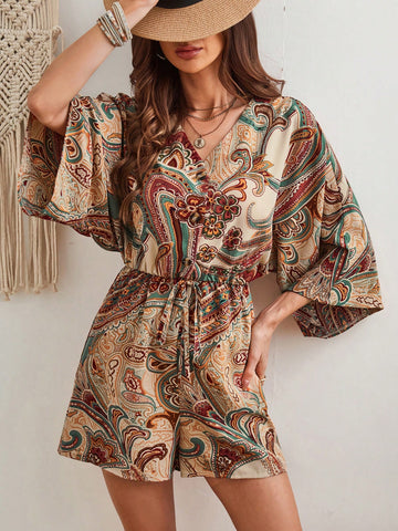 Women's Plant Printed V-Neck Batwing Sleeve Playsuit With Shorts