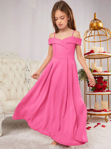 Tween Girls' Elegant And Gorgeous Style, Solid Color Off-Shoulder Spaghetti Strap Evening Dress