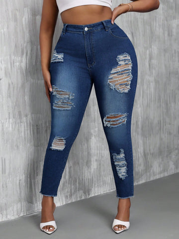 Plus Size Distressed Skinny Jeans With Fringe Hem