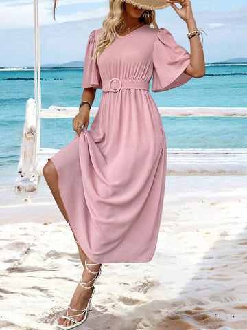 Solid Color Butterfly Sleeve Waist-Drawstring Dress