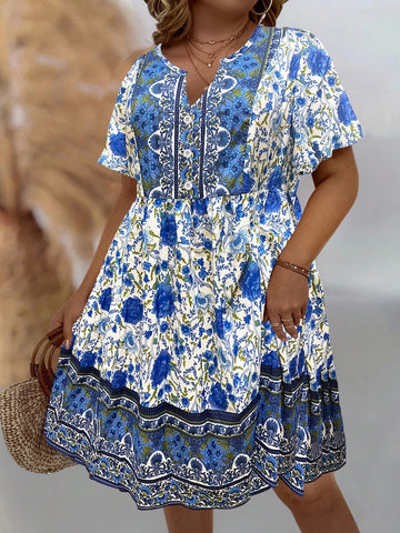 Plus Size Women's Floral Print V-Neck Short Sleeve Dress With Notched Neckline