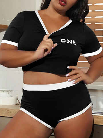 Plus Size Color-Blocked Letter Print Cropped T-Shirt And Shorts Set With Round Neck
