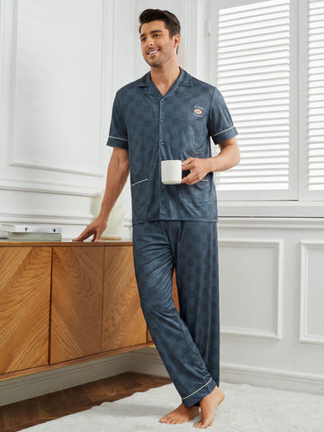 Men's Checkered Short Sleeve And Long Pants Homewear Set