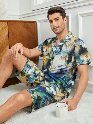 Men's Floral Printed Short Sleeve Shirt And Shorts Homewear Set