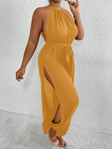 Plus Size Solid Color Halter Neck Sleeveless Jumpsuit With Front Split