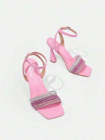 Women's Fashionable Square Toe Rhinestone High Heel Sandals