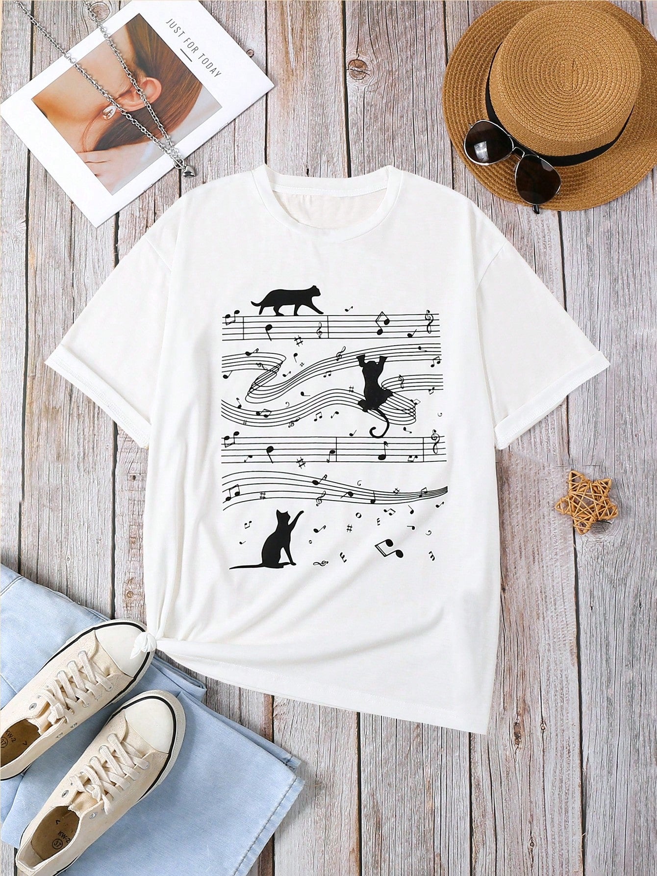 Women's Cat & Music Note Print Music Festival Round Neck Short Sleeve T-Shirt For Casual Wear