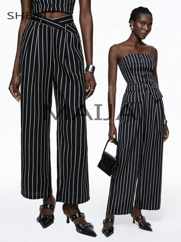 Women's Asymmetrical Waist Striped Straight Pants