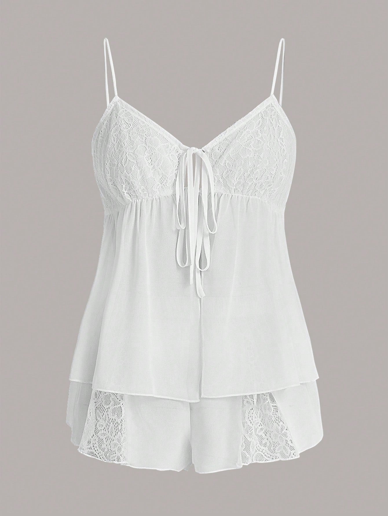 Women's Knot Front Cami Top And Lace Detail Shorts Pajama Set